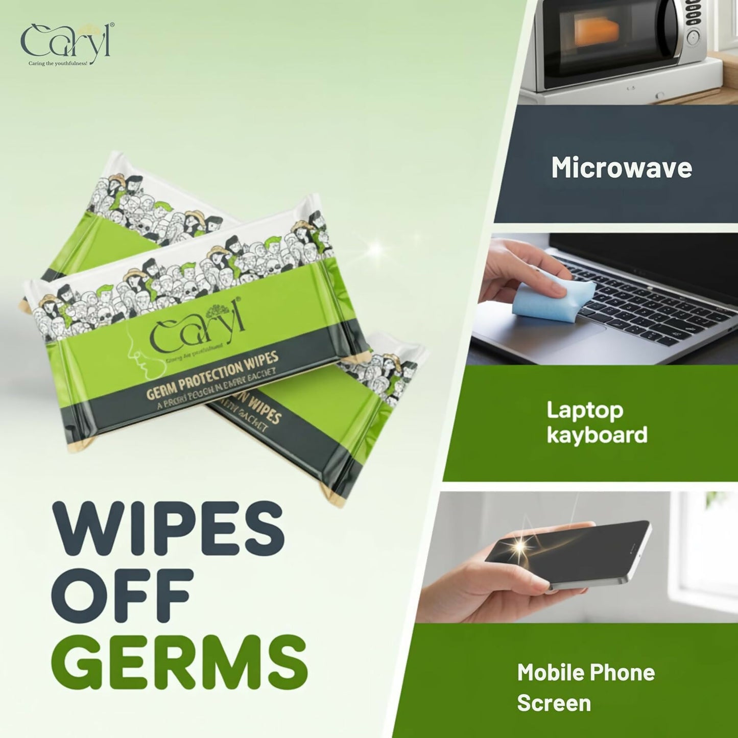 CARYL Germ Protection Wipes With Aloe Vera Extract | Multi-Purpose Disinfectant Wet Wipes for Hands and Surfaces | Anti-Germ Cleansing Facial Wipes | Gentle on Skin, Paraben-Free & Dermatologically Tested - 72 Single Sachets
