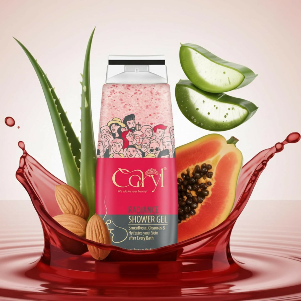 Caryl 280ml Radiance Body Wash for Glowing Skin|Hydrating Moisturizing Body Wash for Women Dry Skin|Shower Gel with Papaya Aloe Vera Red Wine Almond|Gentle Daily Body Bath & Skin Cleanser|Paraben Free Soap Free