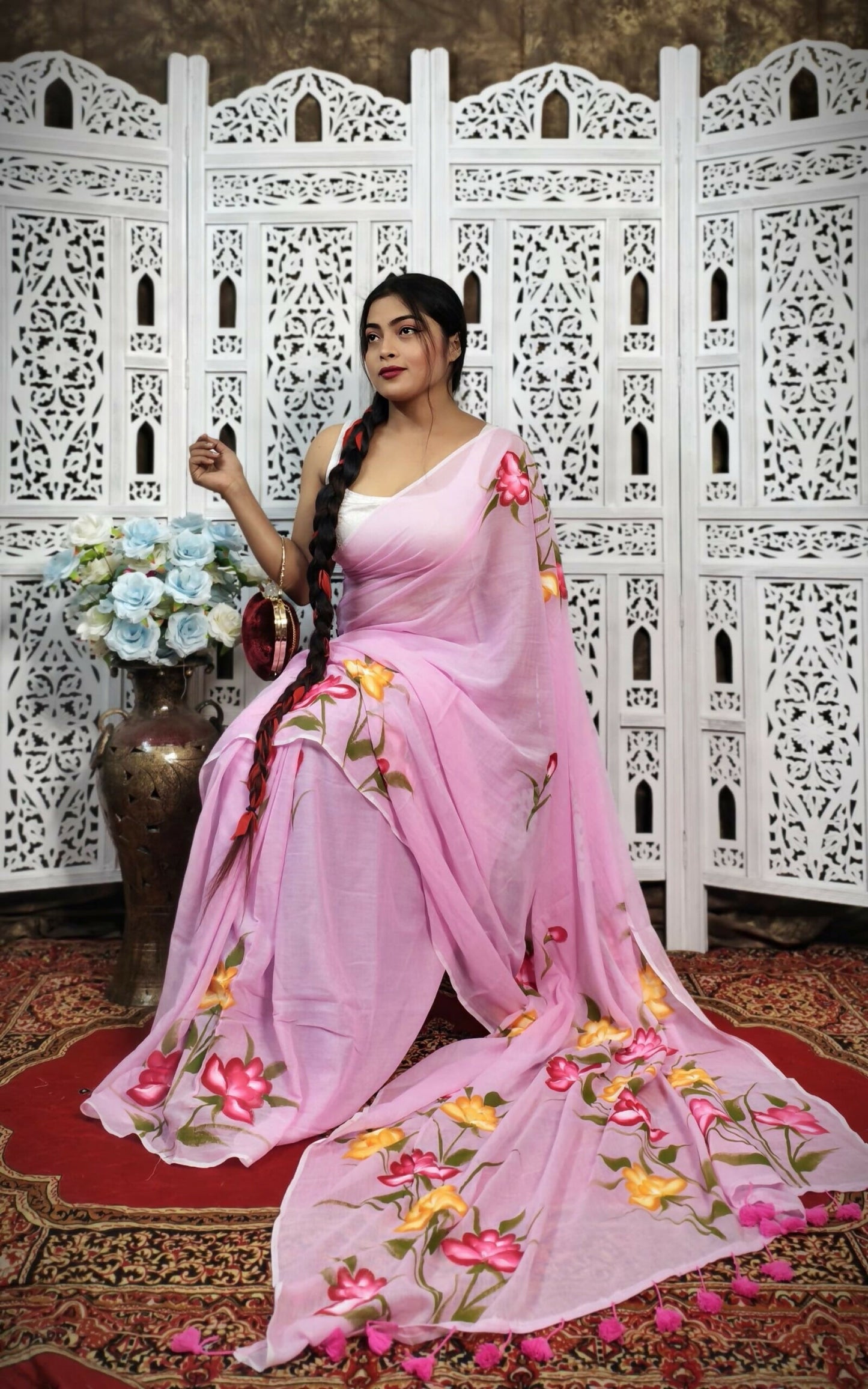 Hand-Painted Baby Pink Mul Cotton Saree with Multicolor Floral Artwork