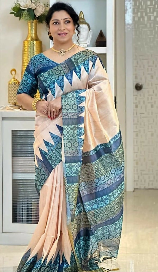 Elegant Peach Handcrafted Tussar Silk Saree with Contrasting Blue Border & Blouse Piece