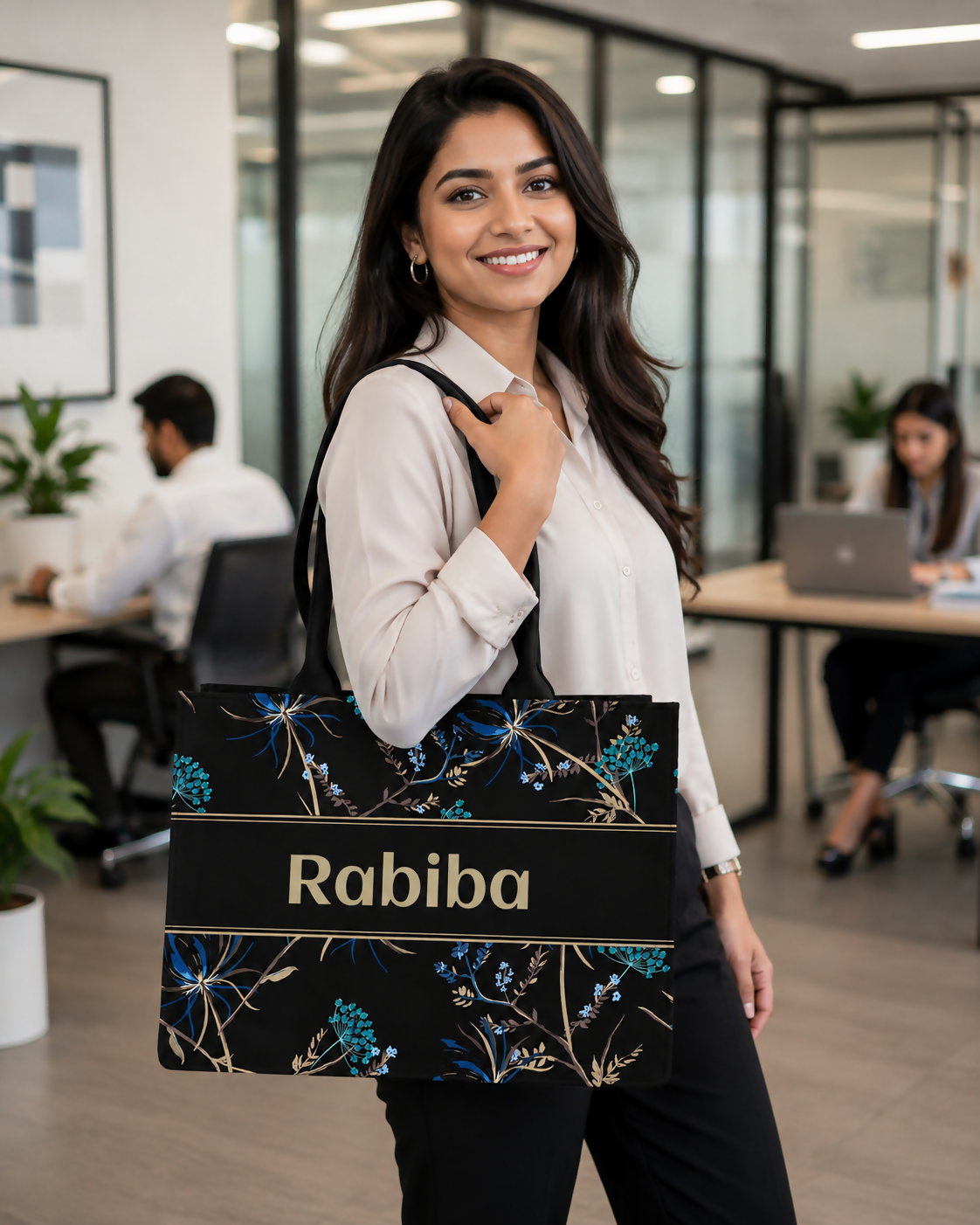 Custom Name Blue Floral Tote Bag | Elegant Canvas Handbag for Women