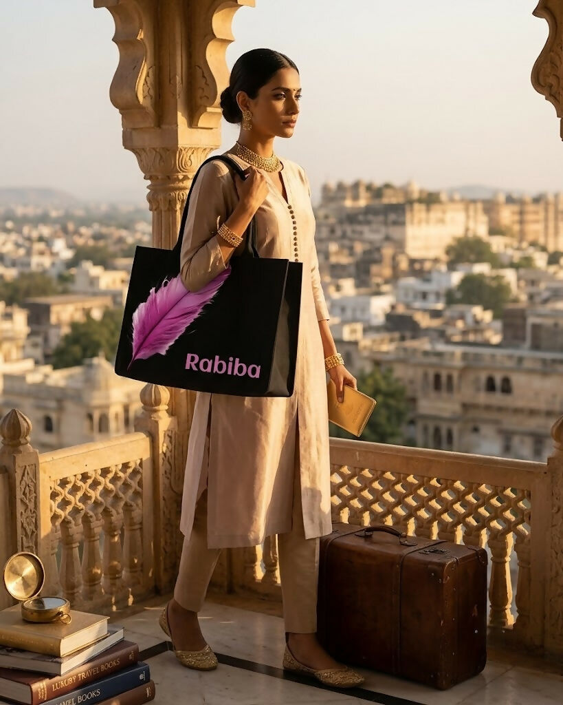 Custom Name Pink Feather Tote Bag | Canvas Handbag for Women