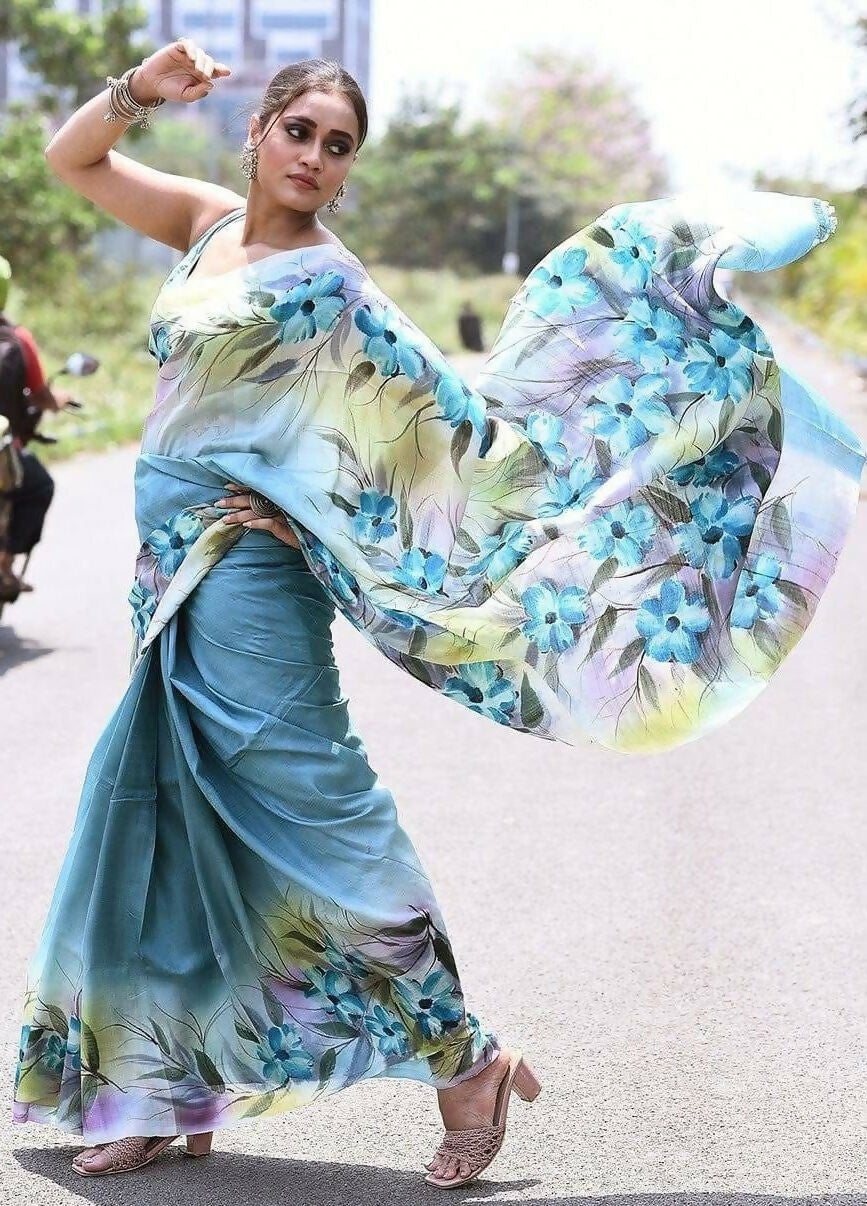 Summer Bloom Blue Semi Murshidabad Bapta Silk Saree – Handblock Printed Elegance with Blouse