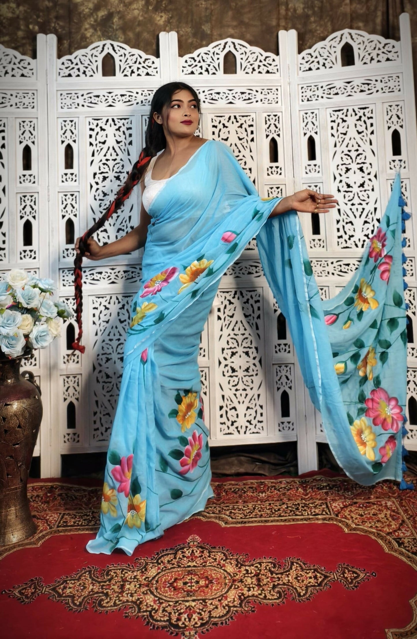 Hand-Painted Light Blue Mul Cotton Saree with Pink & Yellow Floral Motifs