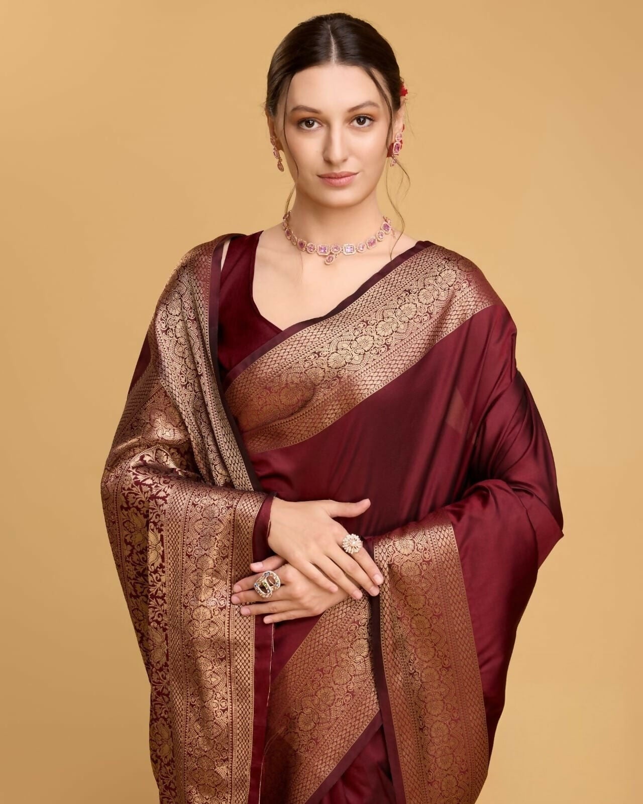 Handcrafted Deep Wine Kathan Silk Saree with Royal Golden Zari Weaving & Designer Pallu