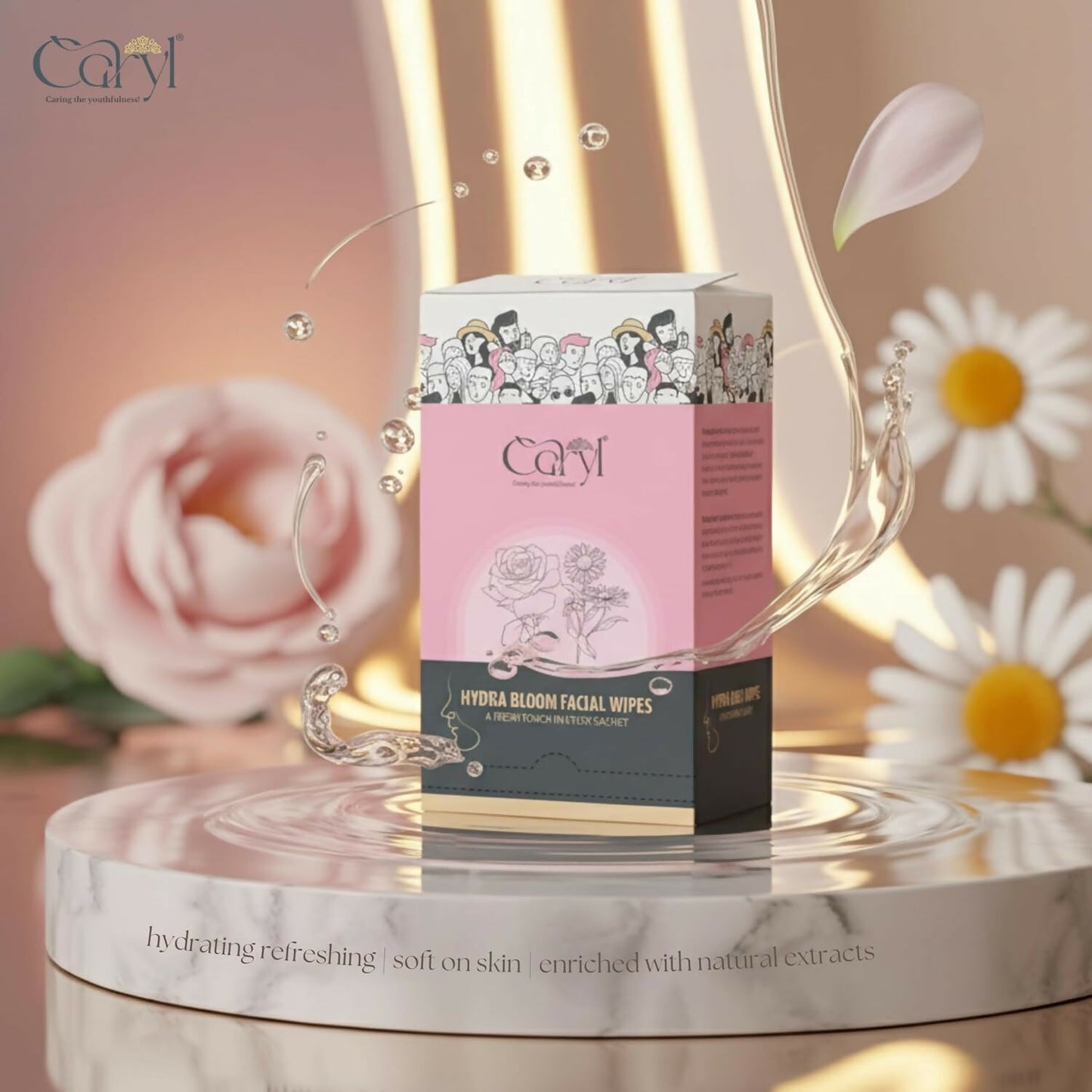 Caryl Hydra Bloom Facial Wipes | Gentle Hydrating & Moisturizing Face Wipes with Sodium Hyaluronate, Calendula & Rose Water | Soft, Smooth & Refreshed Skin - 72 Single Sachets