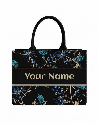 Custom Name Blue Floral Tote Bag | Elegant Canvas Handbag for Women