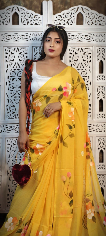 Hand-Painted Floral Mul Cotton Saree in Yellow – Pure & Breathable Fabric