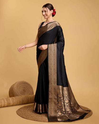 Handcrafted Classic Black Kathan Silk Saree with Antique Gold Zari Border & Royal Floral Pallu