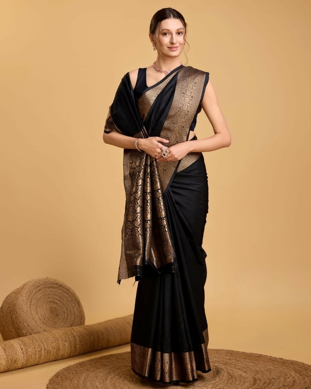 Handcrafted Classic Black Kathan Silk Saree with Antique Gold Zari Border & Royal Floral Pallu