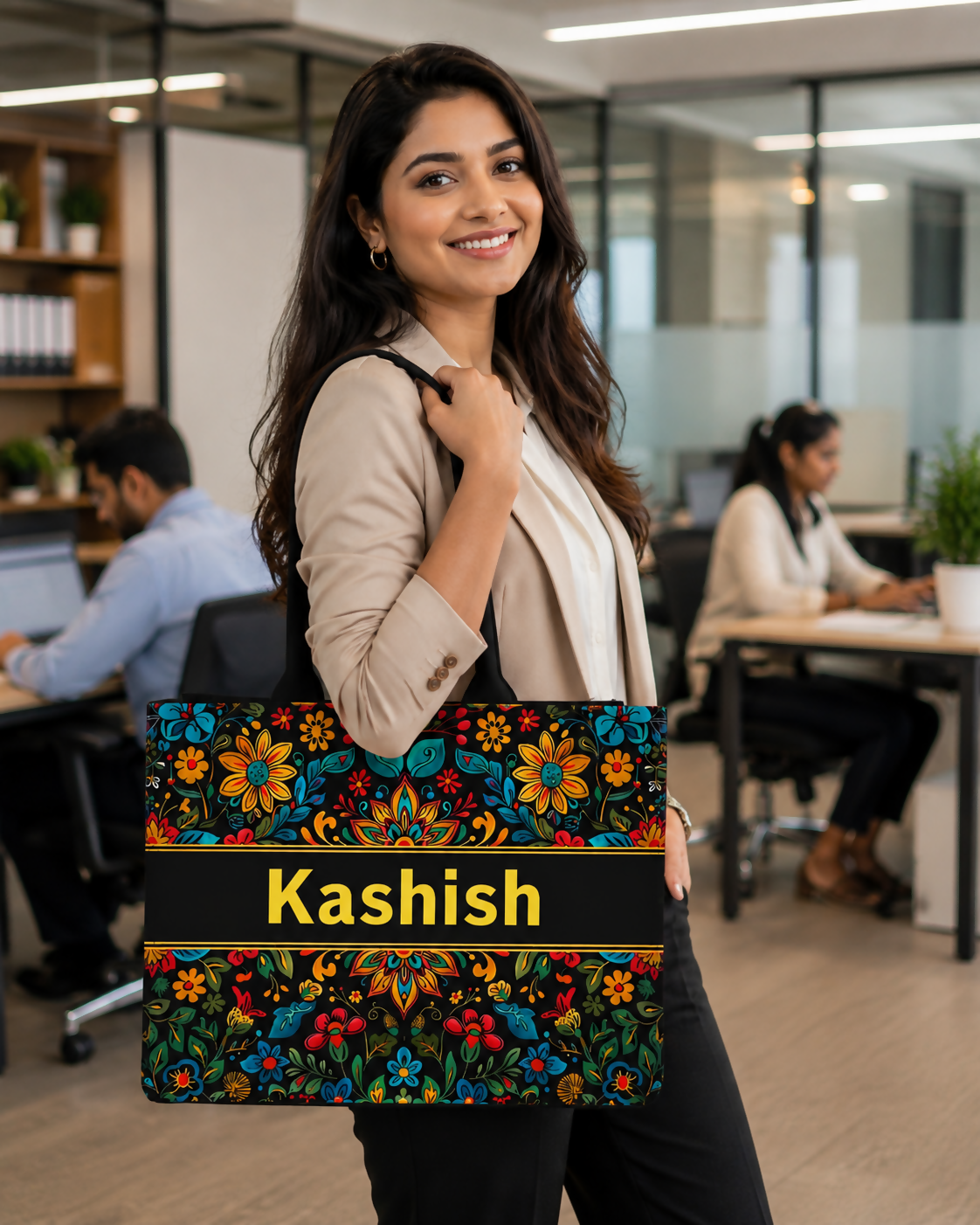 Custom Name Abstract Mosaic Sun Canvas Tote Bag for Women