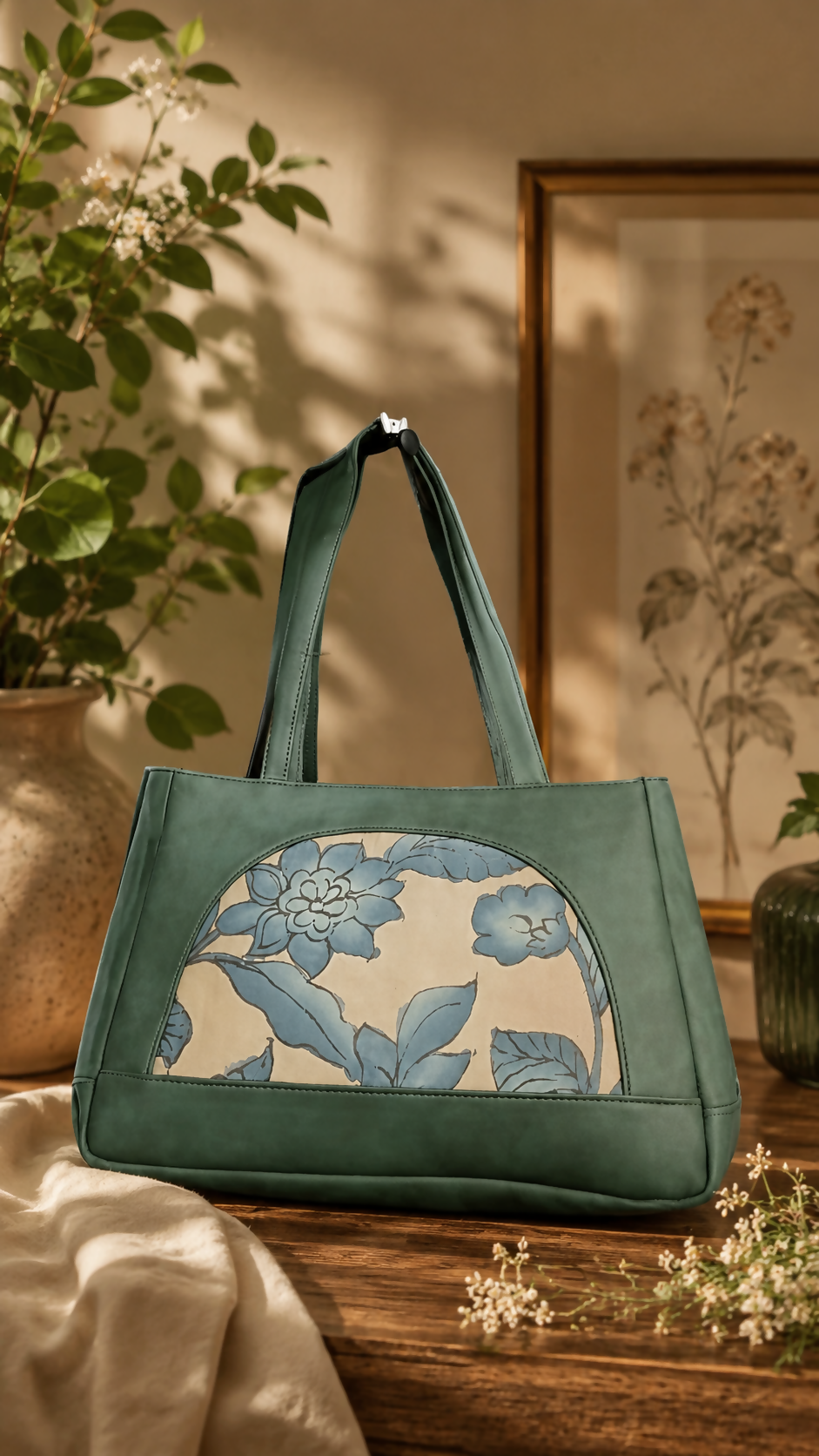 Unique pen Kalamkari design on a 6-inch semi-circular window bag-Womenn