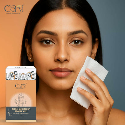 CARYL Micelle Glow makeup remover micellar water facial wet wipes for women (72 Single use Sachets) | Micellar Water Formula with Aloe Vera, Chamomile Extract, D Panthenol | Gentle Facial Cleansing Wet Tissues for Soft, Hydrated Skin, lipstick remover wip