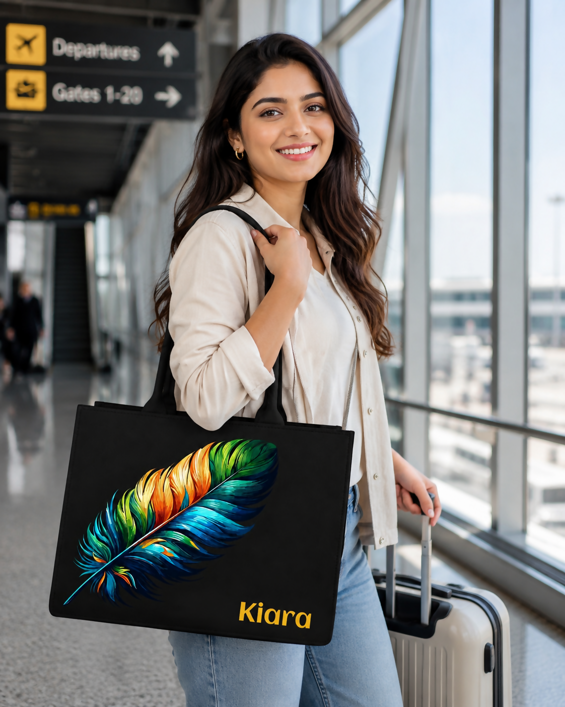 Custom Name Colorful Feather Tote Bag | Elegant Canvas Handbag
