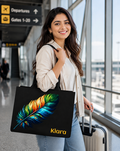 Custom Name Colorful Feather Tote Bag | Elegant Canvas Handbag
